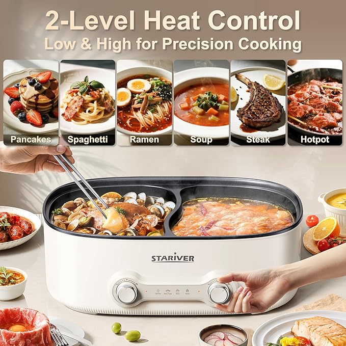 Stariver 7L Electric Hot Pot with Divider, 1200W Electric Pot, 2-Temp Control (Separate Settings per Side) Shabu Shabu Pot, Non-Stick Hotpot Pot Electric, Perfect for Family Dinners & Parties