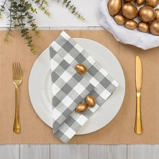 Blue Needles Gingham Buffalo Plaid Cloth Napkins 100% Cotton Set of 12 Dinner Table Napkins 18x18 inch Soft, Reusable, Washable Perfect for Wedding Parties & Everyday Use - Ash Grey & White