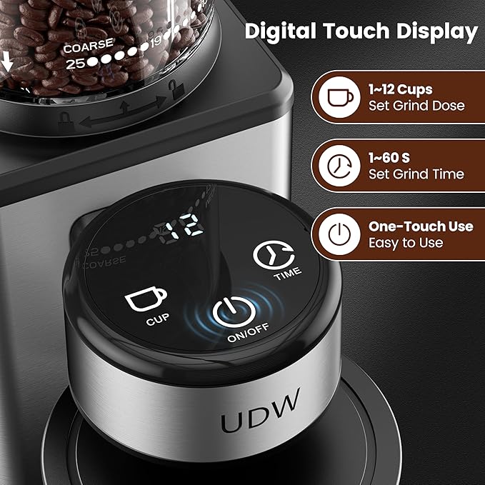 UDW Home Coffee Grinder, Conical Burr Grinder with 25 Settings, 60-Second Timer, Stainless Steel, Anti-Slip Base, Anti-Static, Easy to Clean