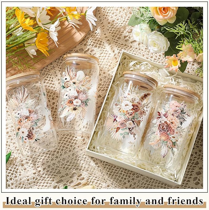 Mumufy 4 Pack Boho Floral Glass Tumbler Gift Set for Bridesmaid Gifts and Bridal Showers Soft Brown Spring Style Glass Cups