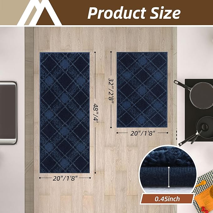 COSY HOMEER Kitchen Rugs and Mats Sets 2PCS Non-Slip Soft Kitchen Mats for Floor Absorbent and Stain Resistant Kitchen Floor Mat Washable Plaid Rugs for Kitchen,20"x32"+20"x48",Navy Blue