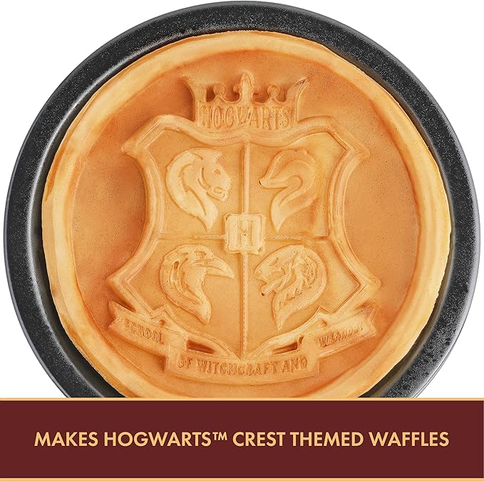 Warner Brothers Harry Potter Round Waffle Maker by Select Brands - Ceramic Coated Cooking Plates - Imprints Hogwarts Crest on Waffles, Black and Gold, WBH-250WM