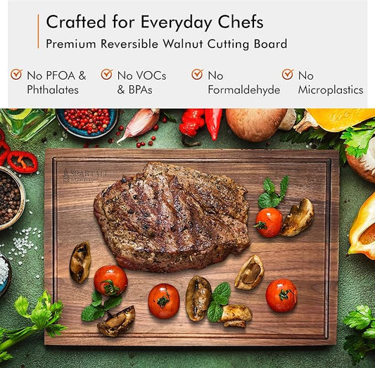 Spartali & Company Premium Reversible Black Walnut Cutting Board with Juice Groove – 18" x 12” Hardwood Butcher Block for Meat, Cheese & Veggies – No Microplastics, BPA-Free, Gift-Ready Box