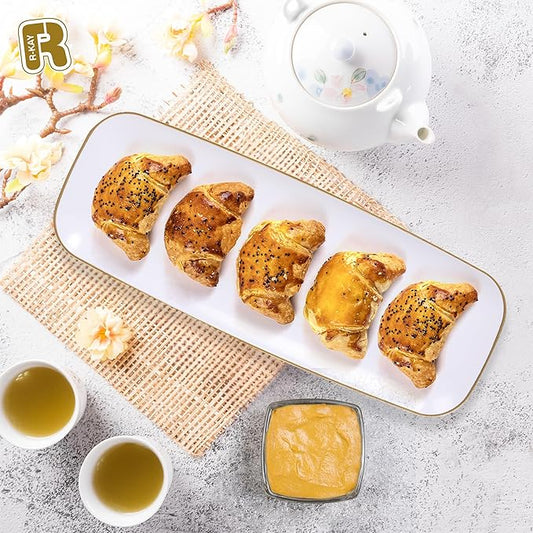 R-kay 4 Pack Plastic Serving Trays - White & Gold - 17 x 6.5 in - Heavy Duty Dessert Trays - Rectangular Party Platters
