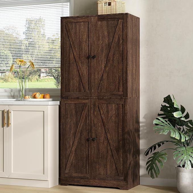 Kitchen Pantry Cabinet, 72” Tall Farmhouse Storage Cabinet with 4 Barn Doors and Adjustable Shelves, Pantry Storage for Kitchen, Living Room, Brown