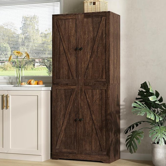 Kitchen Pantry Cabinet, 72” Tall Farmhouse Storage Cabinet with 4 Barn Doors and Adjustable Shelves, Pantry Storage for Kitchen, Living Room, Brown