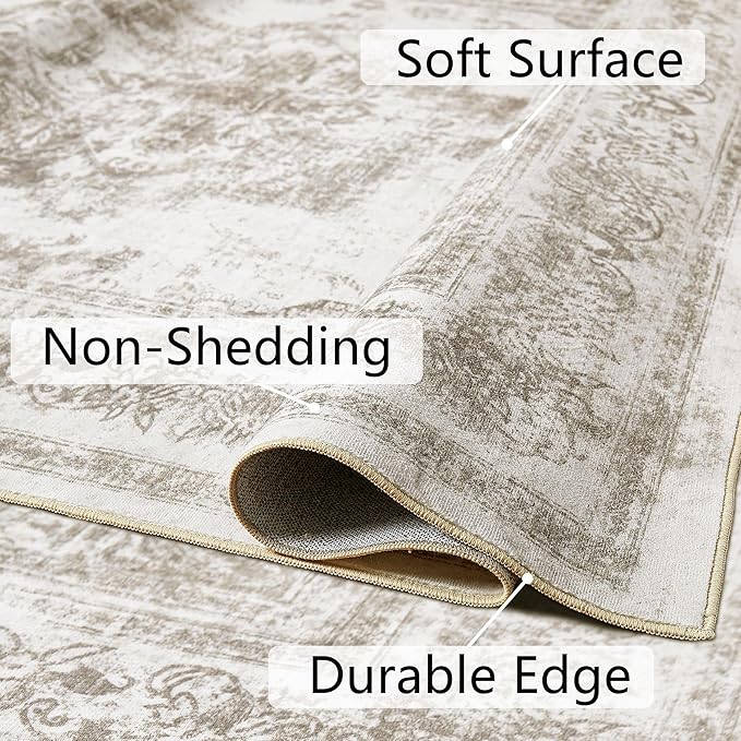 Runner Rug 2x8 Beige Hallway Washable Carpet Non Slip Vintage Medallion Carpet Low Pile Soft Distressed Retro Indoor Long Rug for Entryway Kitchen Bathroom Laundry Bedroom