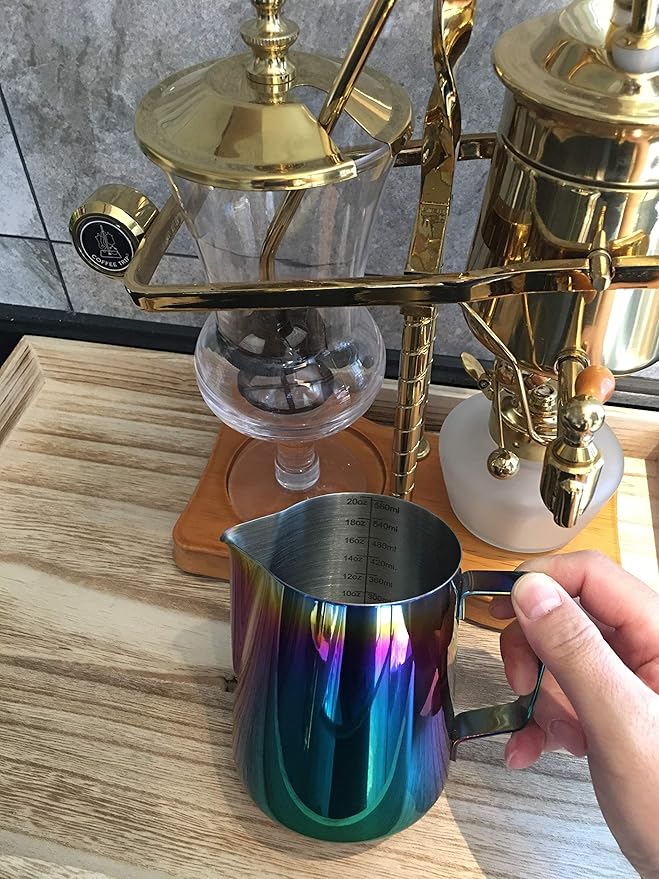 Milk Frothing Pitcher 32oz Stainless Steel Cup Double Measurement Scale Perfect for Latte Art Frother SUS304 Steaming 900ML Rainbow, Multicolor