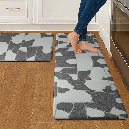GENIMO Kitchen Mats for Floor 2PCs, Washable Anti Fatigue Mat for Cushioned, 17.3"x47"+17.3"x30", Waterproof Kitchen Rugs, Non Slip Comfort Standing Mat Rug for Sink, Laundry, Home, Black & White