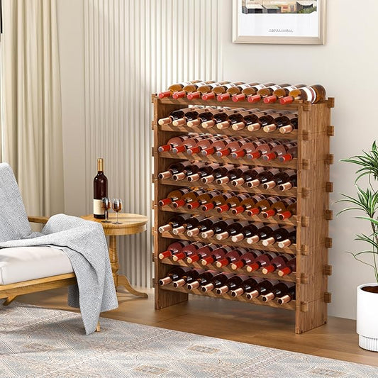 VASMIA Bamboo Stackable Wine Rack,72 Bottles Wine Rack Freestanding Floor,No Tools Assembly,8-Tier Display Wine Storage Shelf for Kitchen, Bar, Dining Room,Cellar,Walnut