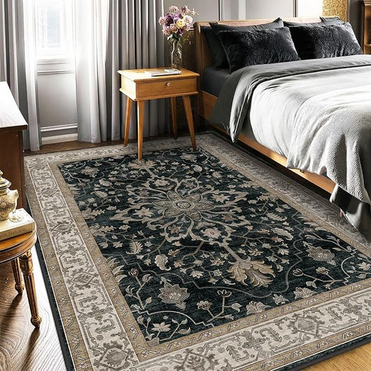 Area Rugs 5'x7' Washable Non-Slip, Floral Vintage Distress Print Pattern Medallion Carpet for Living Room Bedroom Dining Room, Vintage Black Brown Neutral