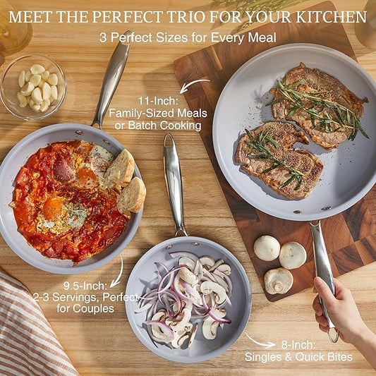 KITEXPERT Non Stick Frying Pans Set, Titanium Ceramic Pan Skillet Set Non Toxic, 8" 9.5" 11" Nonstick Frying Pan, Stainless Steel Handle, Dishwasher & Oven Safe, PFAS & PTFE & PFOA Free, Grey