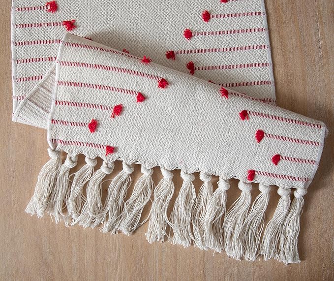 Valentines Day Table Runner 13 x 60 Inch Long Natural Cotton Woven Runner with Tassels for Home Dining Christmas Decorations, for Modern Farmhouse Holiday Boho Table Runner, Red and Beige