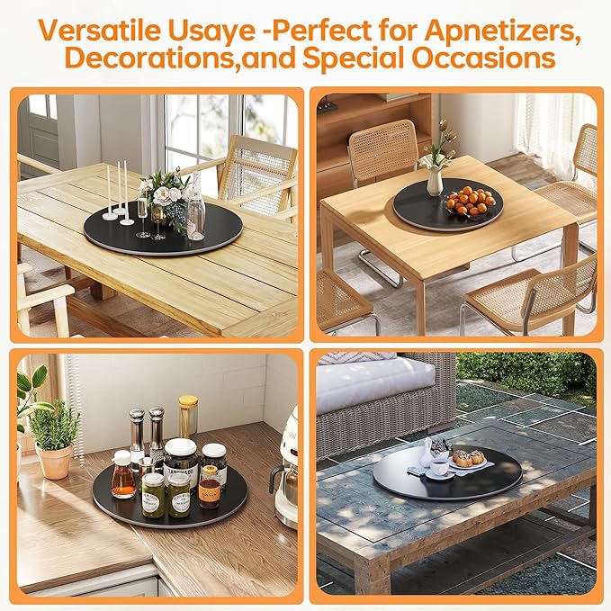 Lazy Susan Turntable 31.4 Inch - 360° Silent Rotating Anti-Slip Serving Tray, Heavy Duty Centerpiece for Kitchen, Dining & Coffee Table - Black Modern Design with Non-Slip Base