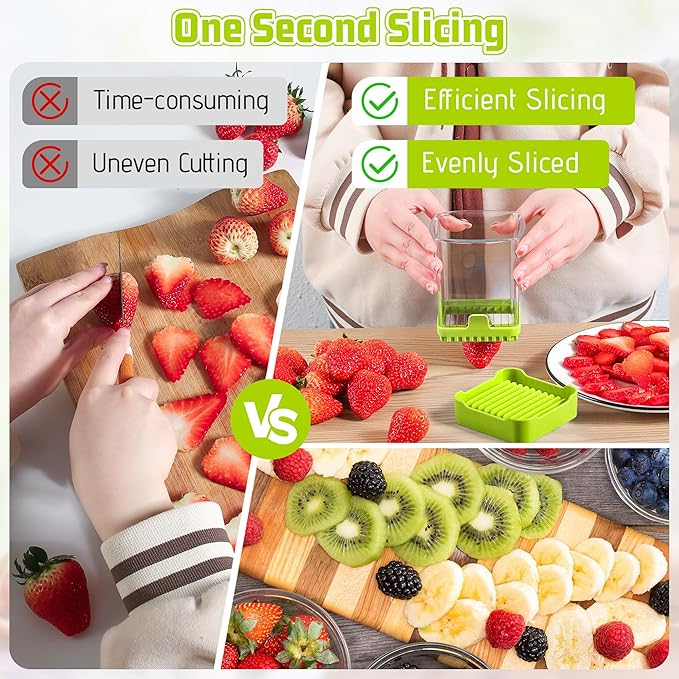 3-in-1 Strawberry Banana & Egg Slicer Cup | Detachable Fruit Cutter with Push Plate for Effortlessly Safe Slicing | Quick Meal Prep & Snacks Kitchen Gadget (Food green)