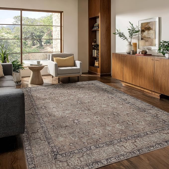 Kuden 8x10 Large Area Rug, Machine Washable Area Rug with Non-Slip Backing, Vintage Style, Soft, Easy Clean, Low Pile Rug for Living Room, Bedroom, Dining Room
