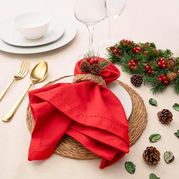 Blue Needles Set of 12 Hemstitch Linen Napkins 100% Cotton Red Cloth Dinner Napkins 18x18 inches, Soft, Reusable, Absorbent, Washable, Ideal for Valentine's Day Events, Parties & Everyday Use