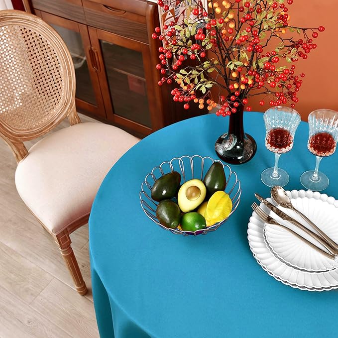 MEANMOY Teal 210 GSM Water & Stain Resistant Round Tablecloth for Circle Table - Solid 60 Inch Turquoise Table Cloth Cover in Wrinkle Free Durable Washable Polyester Fabric for Wedding, Party, Banquet