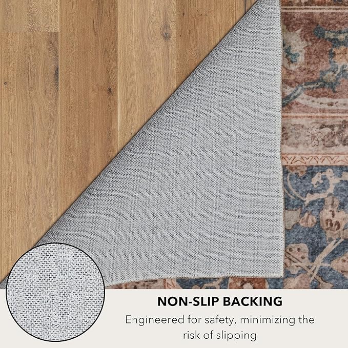Kuden 2'6"x7' Runner Rug, Machine Washable Area Rug with Non-Slip Backing, Vintage Style, Soft, Easy Clean, Low Pile Rug for Hallway, Entryway, Kitchen, Bedroom
