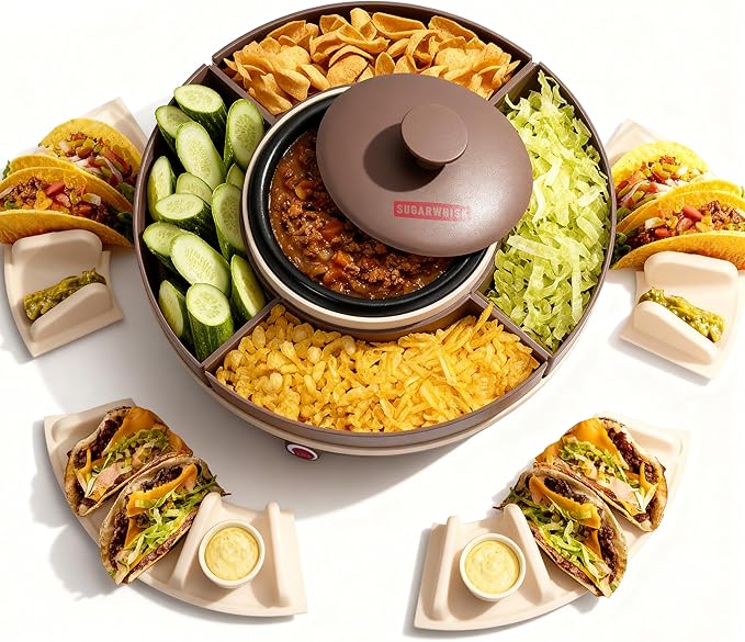 Lazy Susan Taco Bar & Condiment Containers with Lids, 4 Taco Holders for Taco Tuesday Kit, Fondue Pot for Taco Bell Sauce, Burritos, Nachos, and Fajitas, Brown