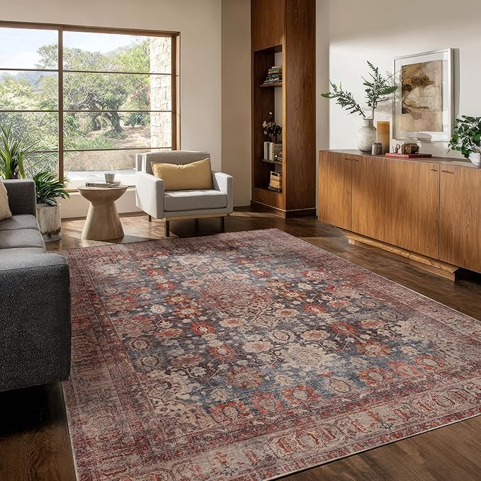 Kuden 8x10 Large Area Rug, Machine Washable Area Rug with Non-Slip Backing, Vintage Style, Soft, Easy Clean, Low Pile Rug for Living Room, Bedroom, Dining Room