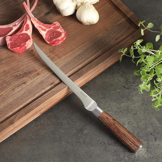 Babish 1.4116 German Stainless Steel Boning & Fillet Knife with Dark Pakka Wood Handle – 6-Inch Full-Tang Flexible Kitchen Knife for Meat, Poultry, Fish & Precision Butchering