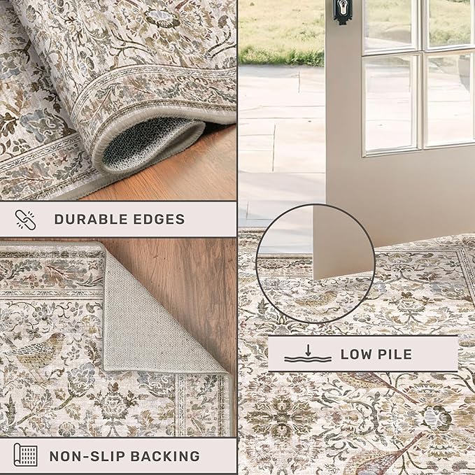 3x4 Large Entryway Rugs - Machine Washable Floral Area Rug for Bedside, Oriental Non-Slip Kitchen Floral Mats, Botanical Design Stain Resistant Carpet, Vintage Farmhouse Décor (Moss)