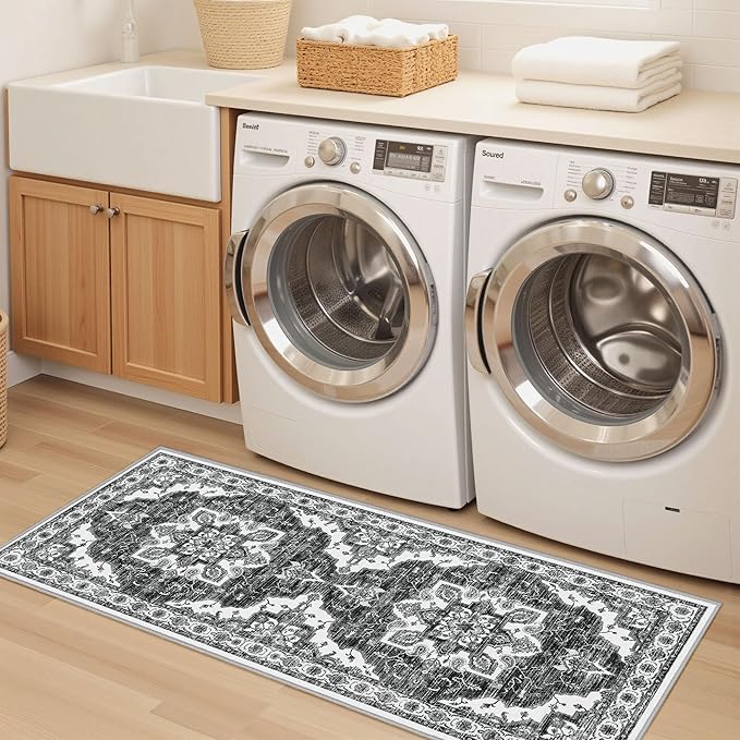 Tritard Non Slip Kitchen Rugs Sets of 3 Washable Kitchen Rug Boho Kitchen Mats for Floor Soft Kitchen Runner Rug Non Skid Kitchen Floor Carpet for Entryway Hallway Laundry Room, Black Grey