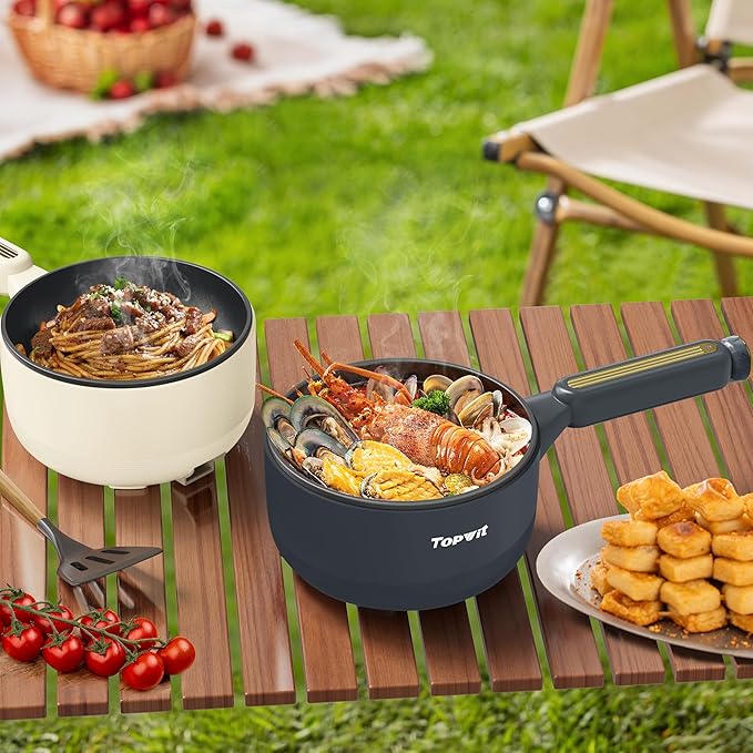TOPWIT Hot Pot Electric, 2L Electric Pot, Non-Stick Sauté Pan, Portable Cooker for Steak, Egg, Fried Rice, Ramen, Soup with Dual Power Control (Spatula Not Included), Grey