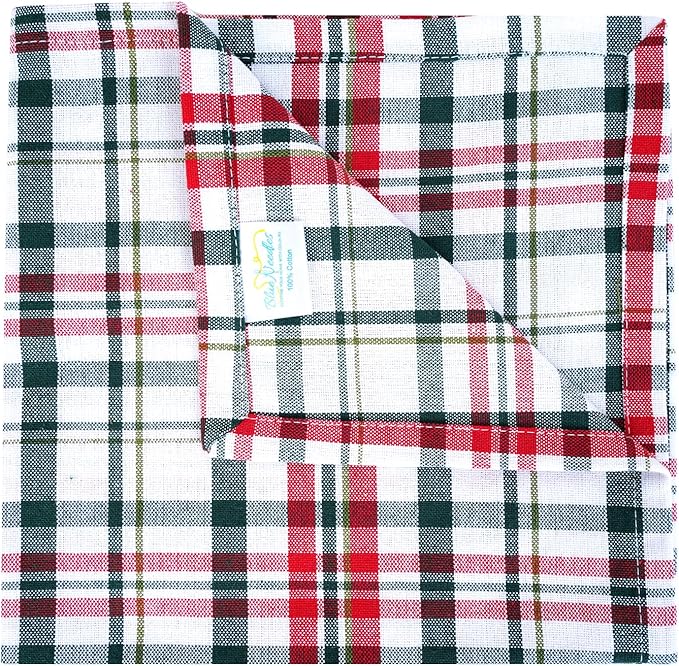 Blue Needles Gingham Buffalo Plaid Cloth Napkins 100% Cotton Set of 12 Dinner Table Christmas Napkins 18x18 inch Soft Reusable Washable Perfect for Event Parties & Everyday Use - Christmas Multi White