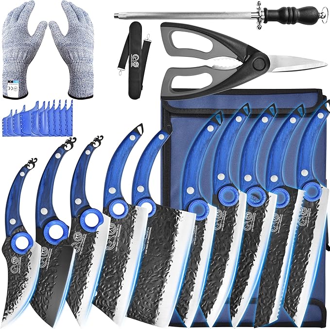 XYJ Professional Kitchen Knife Set with High-Carbon Steel Forged Blades, Chef's Knife, Cleaver, Carving Knife, Nakiri, Full Tang Design, Includes Carrying Bag & Poultry Scissors