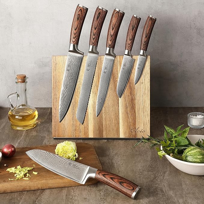 Wakoli EDIB 6-Piece Damascus Knife Block Set – Professional Kitchen Knives with Magnetic Acacia Block – Kitchen Knife Set made of 67-Layer Damascus Steel Blades & Ergonomic Pakkawood Handles