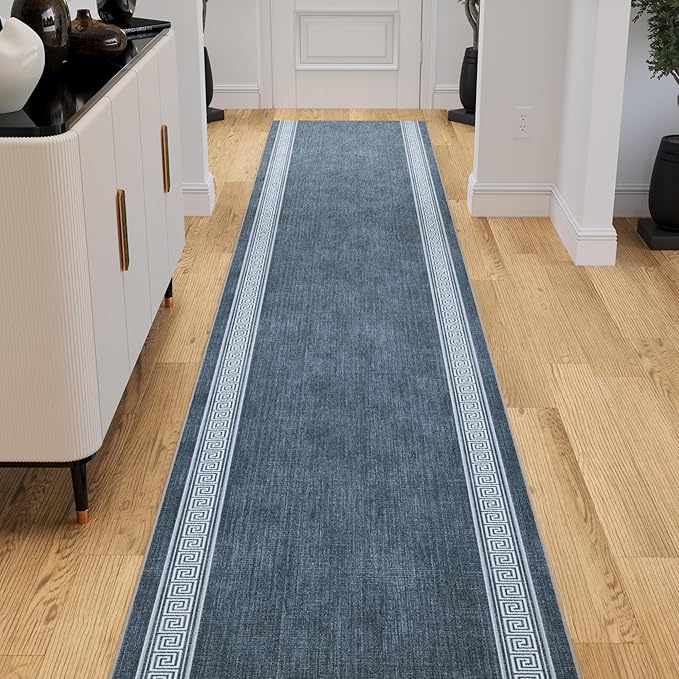 Ottomanson 3-Piece Kitchen Rug Set - Non Slip Runner & Washable Mat - 1'11" x 3' + 1'11" x 4' + 1'11"' x 5' - Durable, Stain Resistant for Entryway, Bedroom and Bathroom, Greek Border Greyish Blue