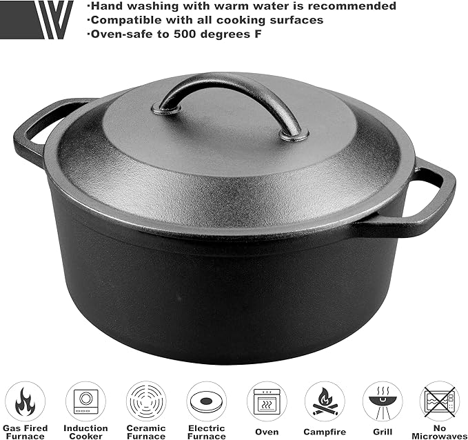 VORRINGARD Pre-Seasoned Cast Iron Dutch Oven with Lid, Round and Dual Handles, for Stovetop, Camping, Grill, Induction, Electric, Black, 6qt