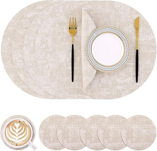 Homaxy Round Faux Leather Placemats and Coasters, Washable Dual-Side Table Mats, Wipeable Heat-Resistant Dining Place Mats for Outdoor and Indoor, Set of 6, Diameter 13 and 3.93 inch, Beige