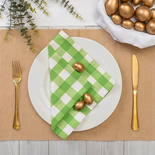 Blue Needles Gingham Buffalo Plaid Cloth Napkins 100% Cotton Set of 12 Dinner Table Napkins 18x18 inch Soft Reusable Washable Perfect for Wedding Parties & Everyday Use - Apple Green & White