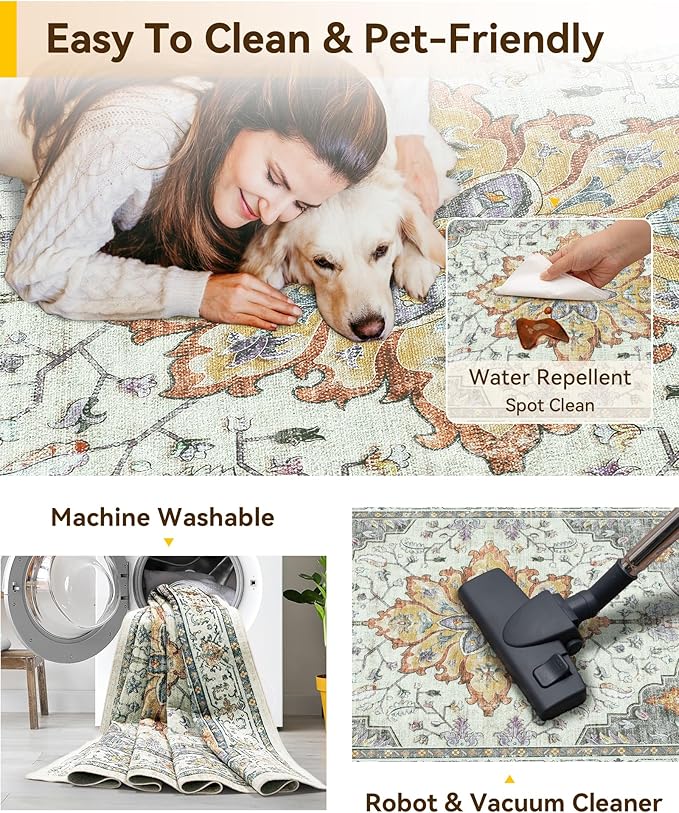 Area Rugs 2'x10' Runner Rug Non Slip Washable for Kitchen Hallway Bedroom Beside Laundry Room Bathroom Rug, Floor Carpet, Light Yellow Carbon Grey Orange