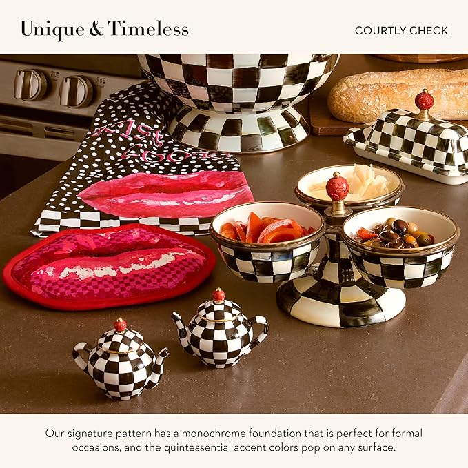 MACKENZIE-CHILDS Teapot Salt and Pepper Shaker Set, Ceramic Salt and Pepper Holders, Black-and-White Courtly Check