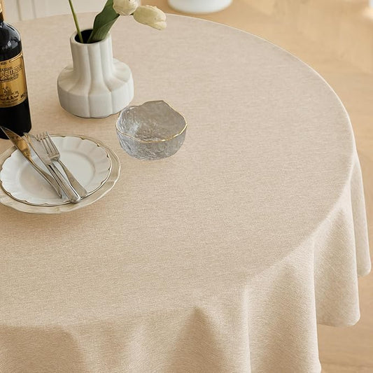 Waterproof Round Tablecloth for Round Dining Table, Decorative Rustic Soft Wipeable Table Cloths Cover Indoor Outdoor Use for Holiday,Wedding, Kitchen (70 Inch,Round (4-6 Seats),Beige)