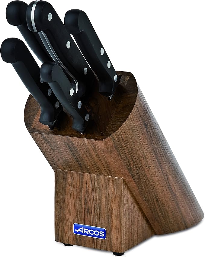 ARCOS Knife Set 5 pieces Nitrum Stainless Steel. Greater cutting power. Pine Wood Block. Ergonomic Polyoxymethylene POM Handle. Series Universal. Greater control. Color Black
