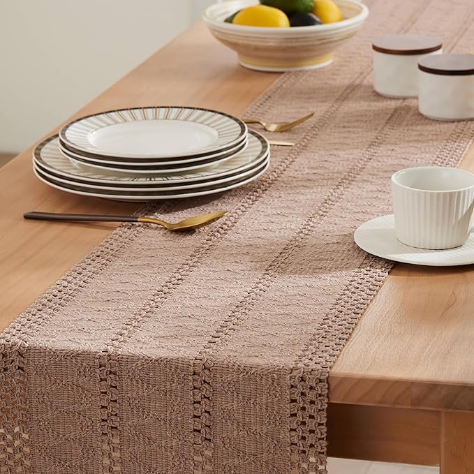 ZeeMart Macrame Style Boho Table Runner, Taupe Table Runners 108 Inches Long, Farmhouse Woven Home Decor, 12x108 Inch, Taupe