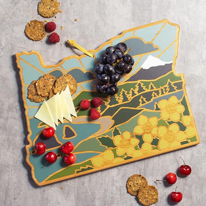 Totally Bamboo Oregon State Shaped Cutting Board and Charcuterie Serving Platter with Artwork by Summer Stokes, Includes Hang Tie for Wall Display Varies