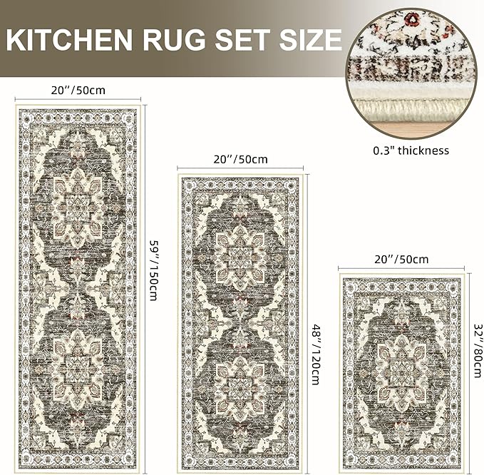 Tritard Non Slip Kitchen Rugs Sets of 3 Washable Kitchen Rug Boho Kitchen Mats for Floor Soft Kitchen Runner Rug Non Skid Kitchen Floor Carpet for Entryway Hallway Laundry Room,Beige Brown