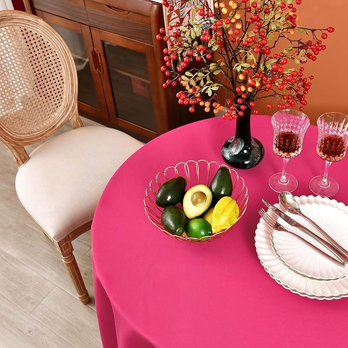 MEANMOY Hot Pink 210 GSM Water & Stain Resistant Round Tablecloth for Circle Table - Solid 60 Inch Fuchsia Table Cloth Cover in Wrinkle Free Durable Washable Polyester Fabric for Party, Banquet