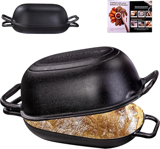 GdnWings Oval Dutch Oven for Bread Baking 12 x 8 Inch, Pre-Seasoned Cast Iron Bread Oven for Sourdough, Dutch Oven Bread Loaf Pan for a Crispy Crust, 5QT