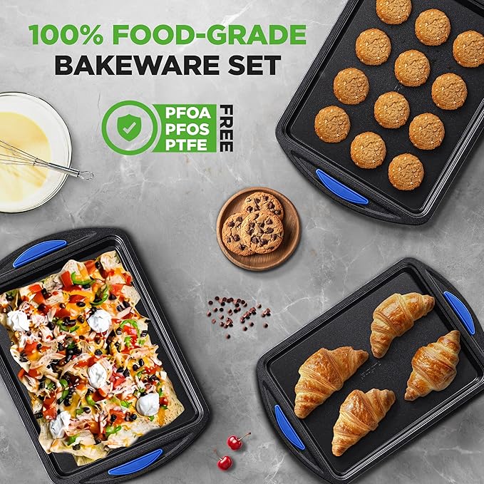 NutriChef 3-Piece Nonstick Cookie Sheet Tray Set - Baking Pans with Blue Silicone Handles, Stackable Design, Easy to Clean, Small, Medium, Large Carbon Steel Cookie Pans, Oven Safe to 446°F
