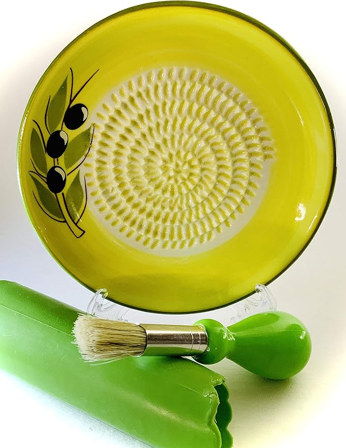 All-in-one Premium Ceramic Garlic Grater Plate 4-Piece Set - Yellow Olive Design, Classic Style - For Garlic, Ginger, Chocolate, and more! - Comes with 5.25" Plate, Peeler, Brush, and Stand