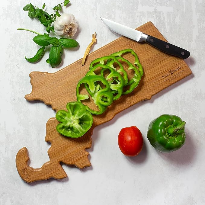 Totally Bamboo Massachusetts State Shaped Cutting Board and Charcuterie Serving Platter with Artwork by Summer Stokes, Includes Hang Tie for Wall Display