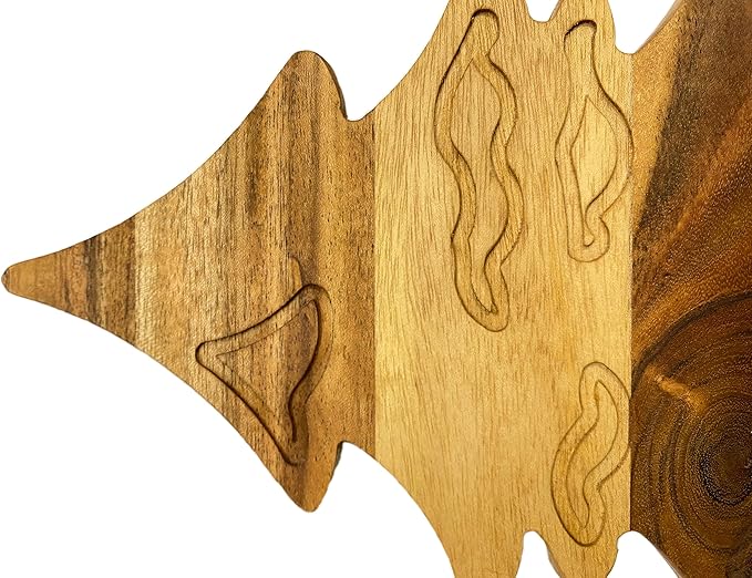 Treen Art Wood Cutting Board for Kitchen Christmas Snow Leaf Tree Shaped Wooden Cutting Board with Handle & Grooves, Decorative cutting board for Cheese and Charcuterie Platter 14"L x 13"W