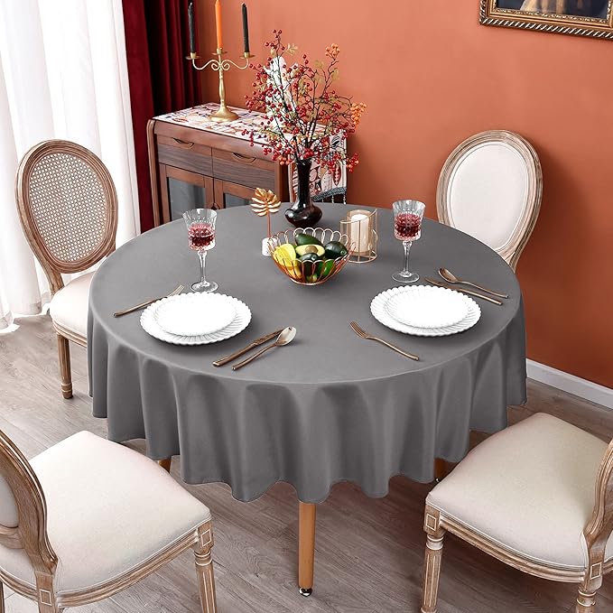 MEANMOY Grey 210 GSM Water & Stain Resistant Round Tablecloth for Circle Table - Solid 108 Inch Table Cloth Cover in Wrinkle Free Durable Washable Polyester Fabric for Wedding, Party, Banquet